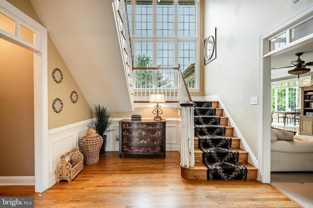 4 Taylor Chase Ln, West Chester, PA 19382 - stairs with wood finished floors, wainscoting, and ceiling fan
