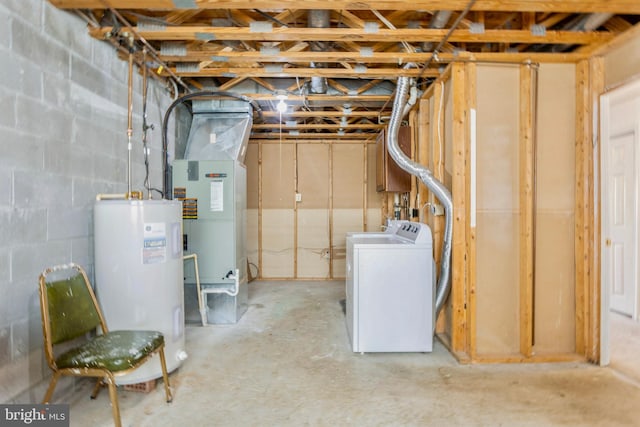8 Tatler Pl, Owings Mills, MD 21117 - unfinished basement with water heater, separate washer and dryer, heating unit, and concrete block wall