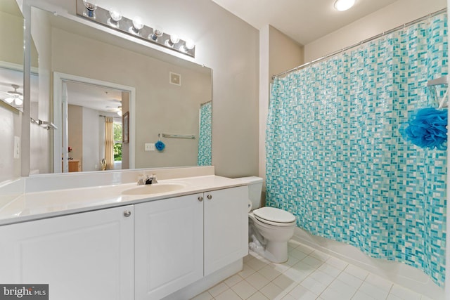 9480 Virginia Center Blvd Unit 327, Vienna, VA 22181 - full bath featuring tile patterned floors, vanity, a shower with shower curtain, and a ceiling fan