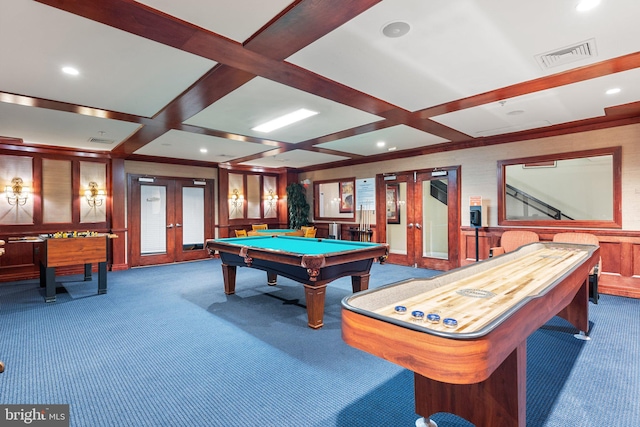 9480 Virginia Center Blvd Unit 327, Vienna, VA 22181 - recreation room featuring french doors, billiards, carpet, coffered ceiling, and recessed lighting