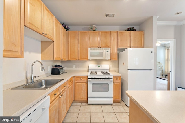 9480 Virginia Center Blvd Unit 327, Vienna, VA 22181 - kitchen with white appliances, light brown cabinets, light countertops, and crown molding