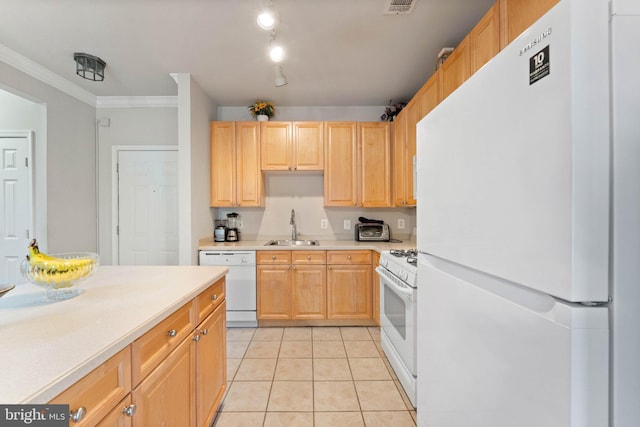 9480 Virginia Center Blvd Unit 327, Vienna, VA 22181 - kitchen with white appliances, light countertops, ornamental molding, light tile patterned floors, and light brown cabinetry