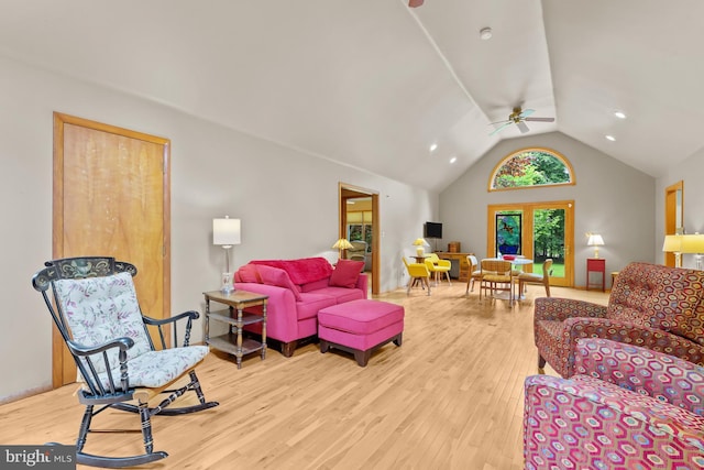 114 Lloyd Guessford Rd, Townsend, DE 19734 - living area with hardwood / wood-style floors, a ceiling fan, vaulted ceiling, and recessed lighting