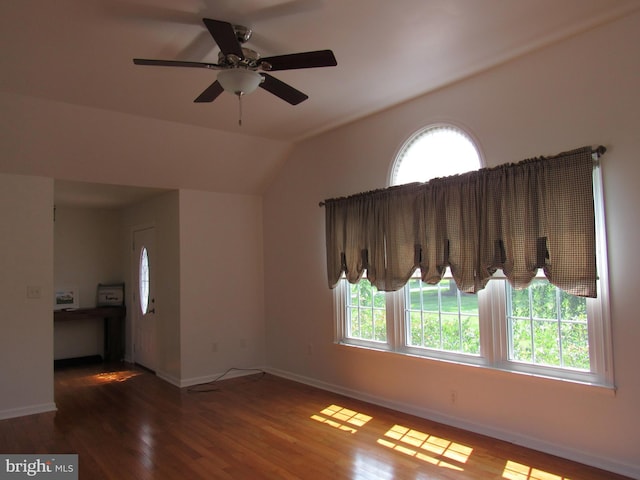 3590 Choptank Rd, Preston, MD 21655 - unfurnished room with ceiling fan, vaulted ceiling, wood finished floors, and plenty of natural light