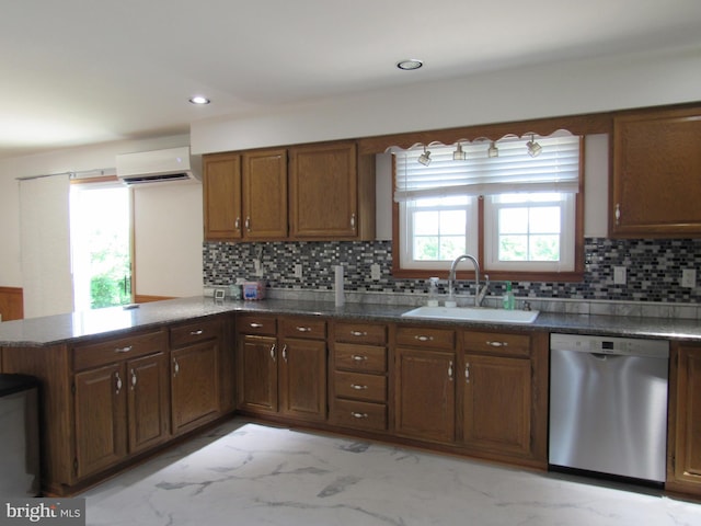 3590 Choptank Rd, Preston, MD 21655 - kitchen with dishwasher, a wall mounted AC, light marble finish floors, tasteful backsplash, and recessed lighting