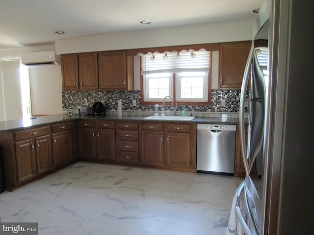 3590 Choptank Rd, Preston, MD 21655 - kitchen featuring appliances with stainless steel finishes, a wall mounted AC, backsplash, and light marble finish flooring