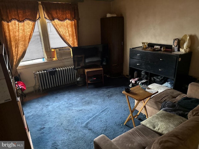 2853 W Mulberry St, Baltimore, MD 21223 - living area featuring radiator heating unit, carpet, and cooling unit