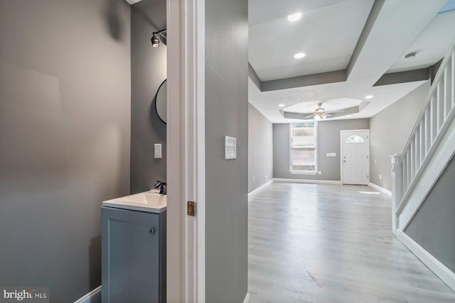 1955 N Collington Ave, Baltimore, MD 21213 - bathroom with ceiling fan, wood finished floors, vanity, and recessed lighting