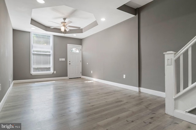 1955 N Collington Ave, Baltimore, MD 21213 - foyer entrance featuring a ceiling fan, a raised ceiling, wood finished floors, stairs, and recessed lighting