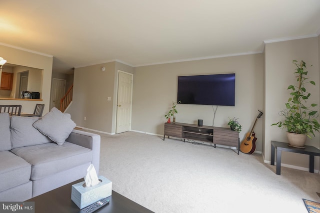 11 Bryce Ct, Baltimore, MD 21236 - carpeted living room featuring stairs and ornamental molding