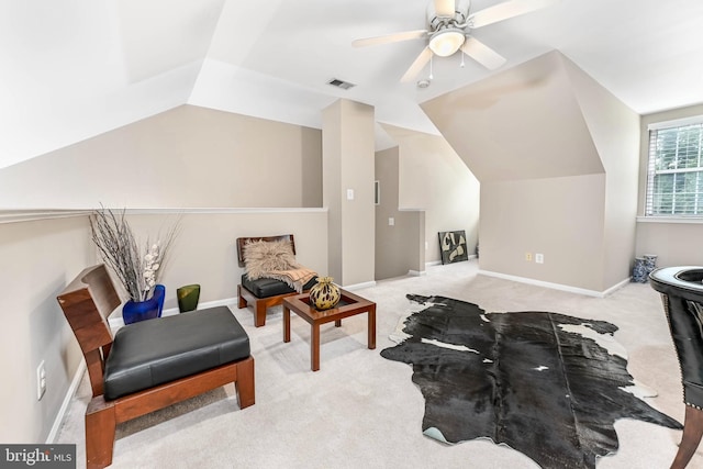 1246 Vintage Pl, Reston, VA 20194 - living area with vaulted ceiling, carpet flooring, and a ceiling fan
