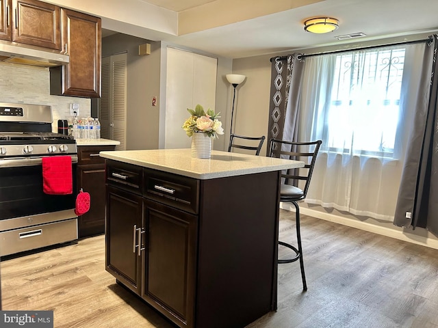 13085 Bustleton Ave Unit 612A, Philadelphia, PA 19116 - kitchen featuring stainless steel range with gas stovetop, under cabinet range hood, backsplash, a kitchen breakfast bar, and light wood-style floors