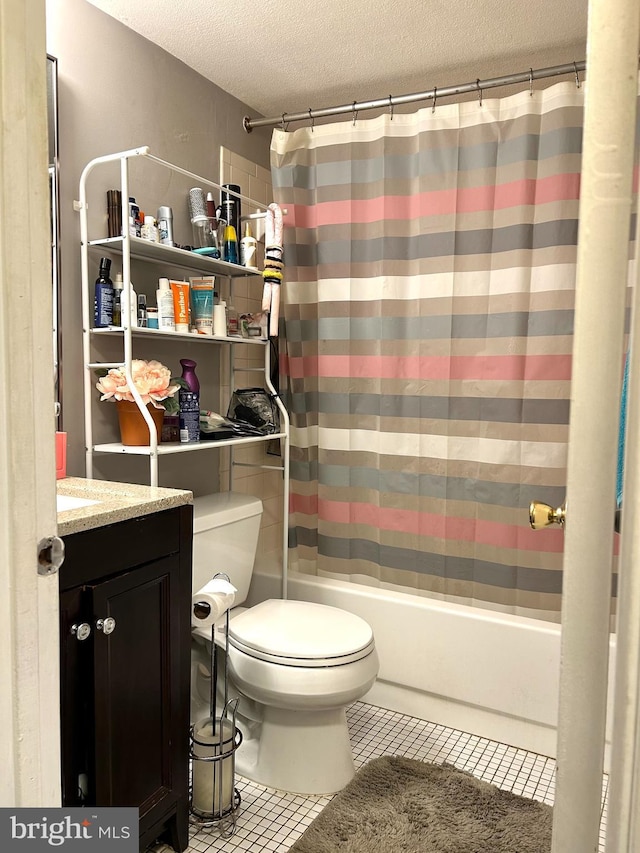 13085 Bustleton Ave Unit 612A, Philadelphia, PA 19116 - bathroom featuring a textured ceiling, shower / bathtub combination with curtain, tile patterned floors, and vanity