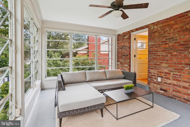 1407 Crestridge Dr, Silver Spring, MD 20910 - sunroom with brick wall, ceiling fan, outdoor lounge area, and concrete flooring