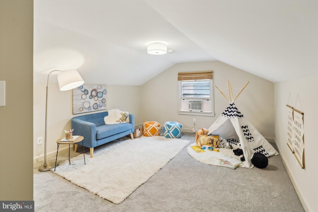 1407 Crestridge Dr, Silver Spring, MD 20910 - rec room with carpet flooring, cooling unit, and vaulted ceiling