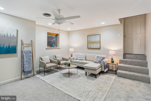 1407 Crestridge Dr, Silver Spring, MD 20910 - carpeted living room with a ceiling fan, recessed lighting, and stairs