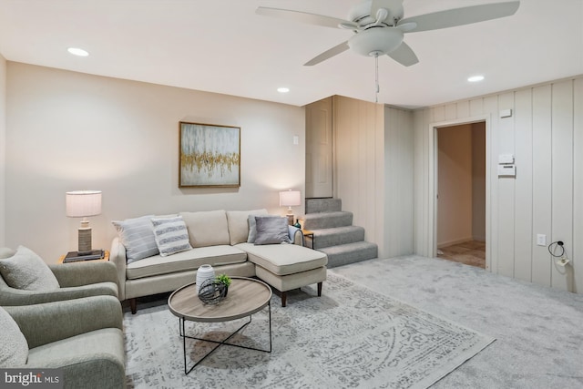 1407 Crestridge Dr, Silver Spring, MD 20910 - carpeted living area featuring a ceiling fan, recessed lighting, and stairway