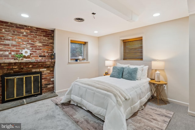 1407 Crestridge Dr, Silver Spring, MD 20910 - bedroom featuring carpet floors, a brick fireplace, and recessed lighting