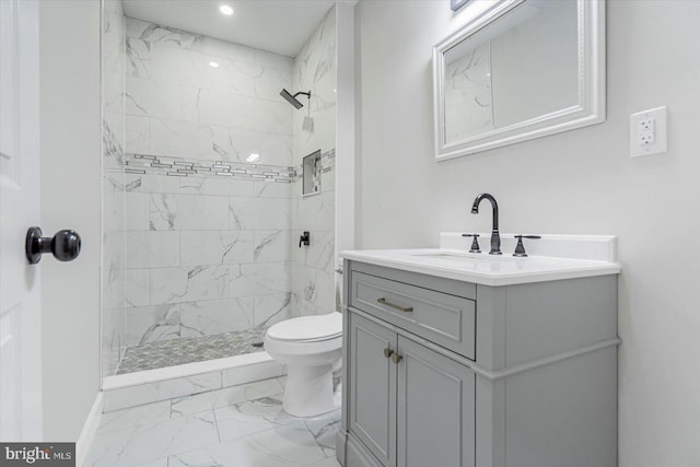 1635 Montpelier St, Baltimore, MD 21218 - bathroom featuring marble look tile flooring, vanity, recessed lighting, and tiled shower