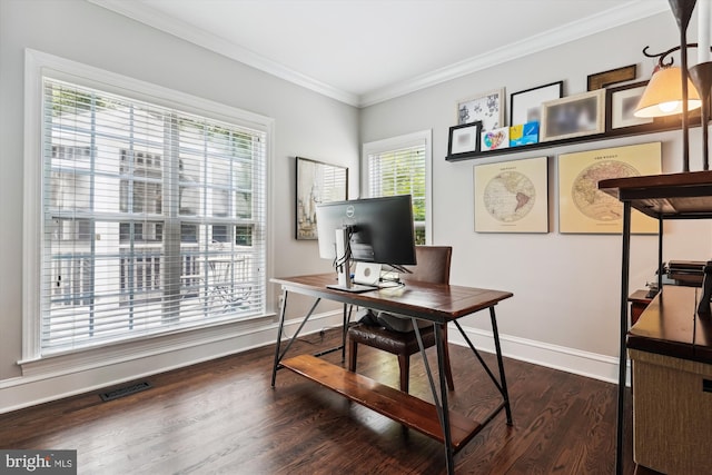 20481 Tappahannock Pl, Sterling, VA 20165 - office area featuring dark wood-style flooring and crown molding