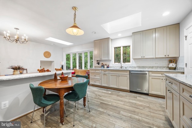 8306 Winslow Ave, Springfield, VA 22152 - kitchen with dishwasher, a skylight, tasteful backsplash, light wood-type flooring, and recessed lighting