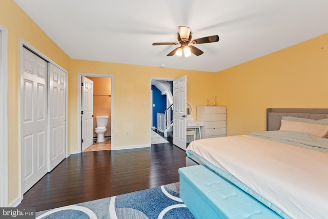 3436 Caledonia Cir, Woodbridge, VA 22192 - bedroom featuring wood finished floors, a closet, ensuite bath, and a ceiling fan
