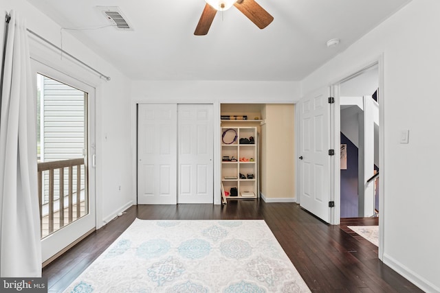 3436 Caledonia Cir, Woodbridge, VA 22192 - bedroom featuring dark wood-style flooring, a closet, a ceiling fan, and access to outside