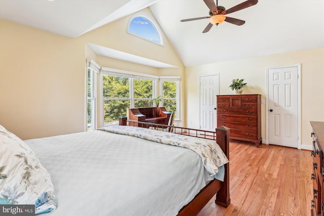 9505 Columbia Blvd, Silver Spring, MD 20910 - bedroom with high vaulted ceiling, light wood-style flooring, and a ceiling fan