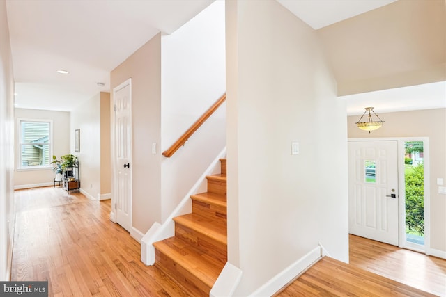 9505 Columbia Blvd, Silver Spring, MD 20910 - entryway featuring light wood-type flooring, stairway, and recessed lighting