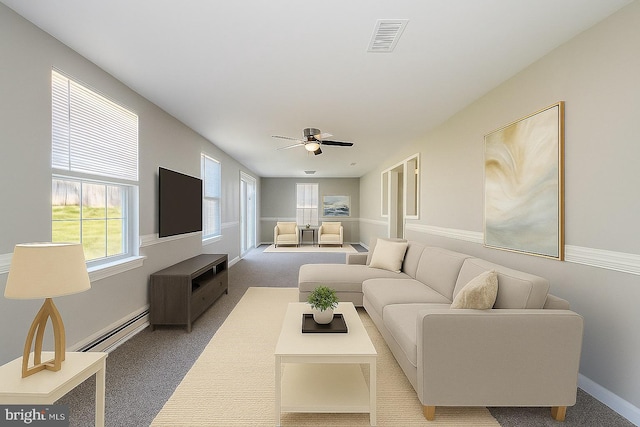 1537 Havilland Pl, Frederick, MD 21702 - living room featuring baseboard heating, a ceiling fan, and carpet flooring