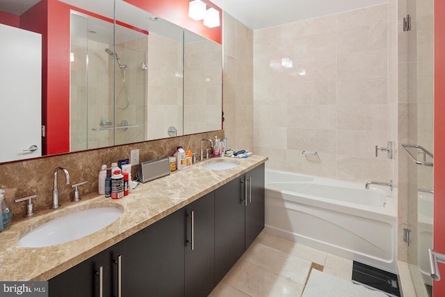 1425 Locust St Unit 5C, Philadelphia, PA 19102 - full bath with a bath, a shower stall, double vanity, tile patterned flooring, and decorative backsplash