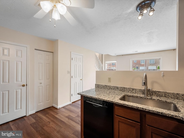 2635 Limestone Ct, Winchester, VA 22601 - kitchen featuring black dishwasher, dark wood-style floors, ceiling fan, a textured ceiling, and light stone counters