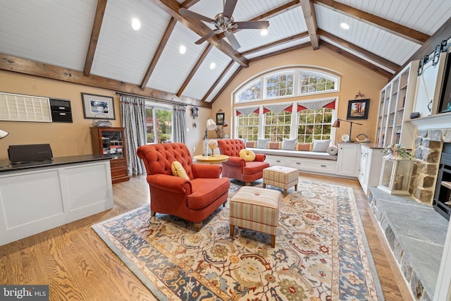 4105 Meadow Ln, Newtown Square, PA 19073 - living area featuring light wood finished floors, a fireplace, a ceiling fan, high vaulted ceiling, and recessed lighting