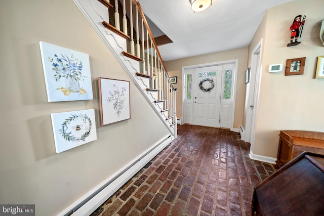 4105 Meadow Ln, Newtown Square, PA 19073 - foyer featuring brick floors, baseboard heating, and stairway