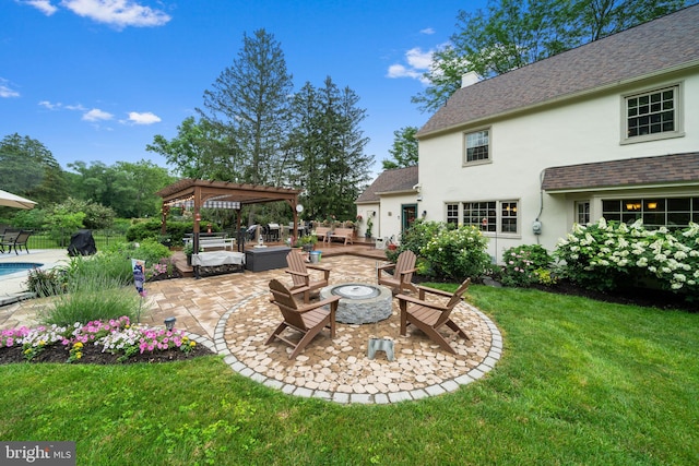 4105 Meadow Ln, Newtown Square, PA 19073 - view of grassy yard featuring a fire pit, a pergola, a patio, and an outdoor pool