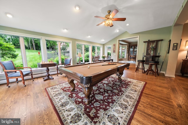 4105 Meadow Ln, Newtown Square, PA 19073 - rec room featuring billiards, lofted ceiling, a ceiling fan, recessed lighting, and wood finished floors