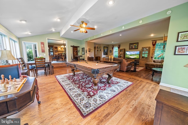 4105 Meadow Ln, Newtown Square, PA 19073 - playroom featuring pool table, wood finished floors, vaulted ceiling, healthy amount of natural light, and a ceiling fan