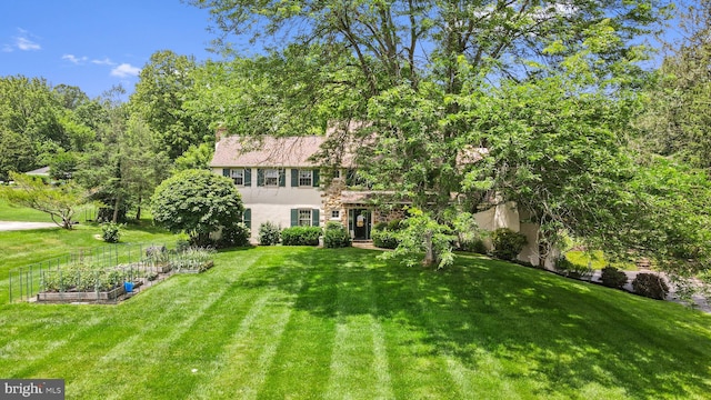 4105 Meadow Ln, Newtown Square, PA 19073 - view of front facade featuring a garden, a front lawn, stucco siding, and a chimney