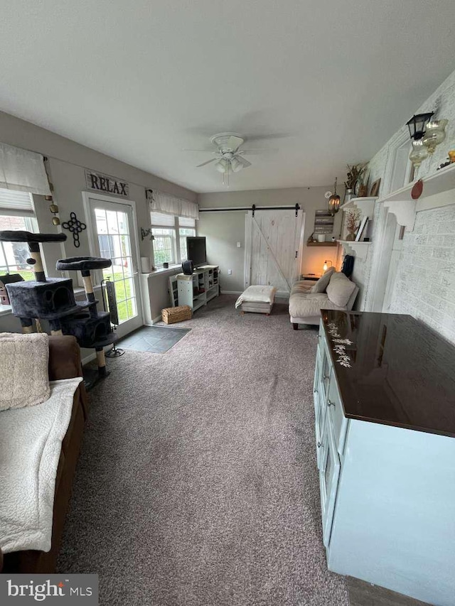 914 New Hope St, Norristown, PA 19401 - living room featuring a barn door, ceiling fan, and carpet