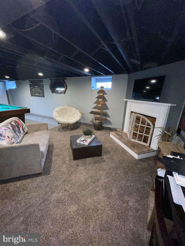 914 New Hope St, Norristown, PA 19401 - carpeted living room with a fireplace with raised hearth and billiards