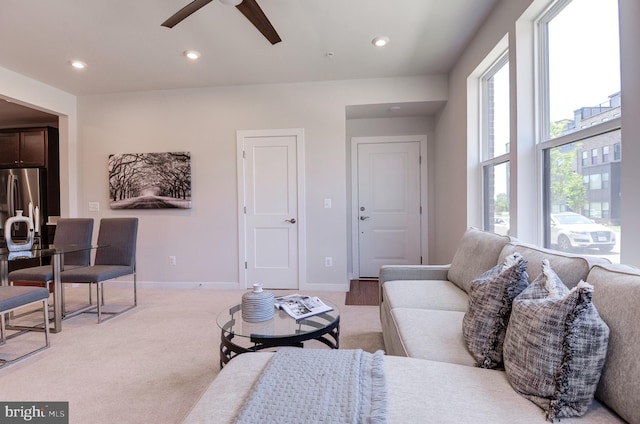 43792 Middleway Ter, Ashburn, VA 20147 - living area featuring a ceiling fan, light colored carpet, and recessed lighting