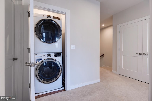 43792 Middleway Ter, Ashburn, VA 20147 - washroom with stacked washer / drying machine, carpet flooring, and recessed lighting