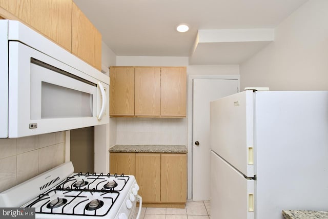 6016 N Kings Hwy, Alexandria, VA 22303 - kitchen featuring white appliances, light brown cabinets, backsplash, light tile patterned floors, and recessed lighting