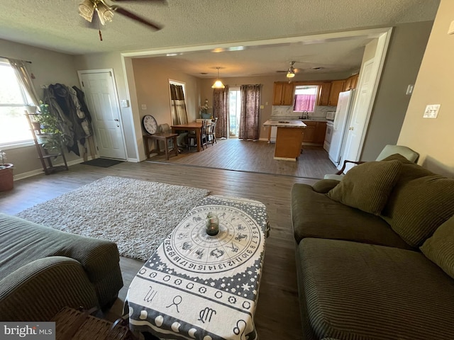 103 N W St, Harrington, DE 19952 - living area featuring a ceiling fan, wood finished floors, and a textured ceiling