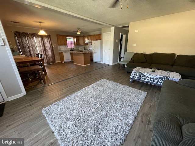 103 N W St, Harrington, DE 19952 - living area featuring ceiling fan, dark wood-type flooring, and a textured ceiling