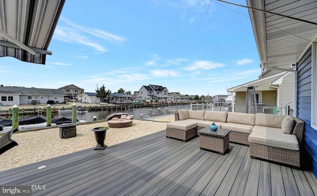 813 Forepeak Dr, Forked River, NJ 08731 - deck featuring an outdoor living space with a fire pit, a water view, and a residential view