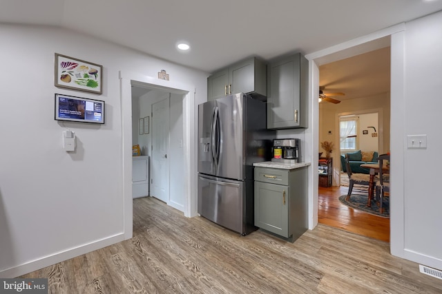 246 Marietta Ave, Mount Joy, PA 17552 - kitchen with stainless steel fridge, light wood-style flooring, gray cabinetry, ceiling fan, and recessed lighting