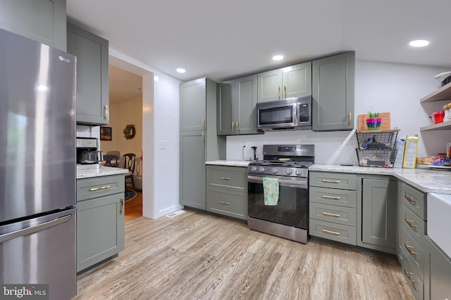 246 Marietta Ave, Mount Joy, PA 17552 - kitchen featuring appliances with stainless steel finishes, light wood finished floors, gray cabinets, and recessed lighting