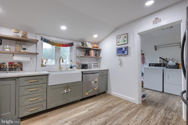 246 Marietta Ave, Mount Joy, PA 17552 - kitchen featuring dishwasher, open shelves, independent washer and dryer, lofted ceiling, and light wood finished floors