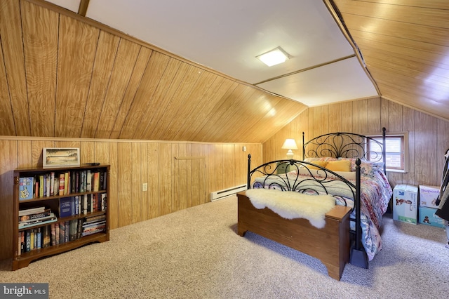 246 Marietta Ave, Mount Joy, PA 17552 - bedroom with baseboard heating, wood walls, lofted ceiling, carpet floors, and wooden ceiling